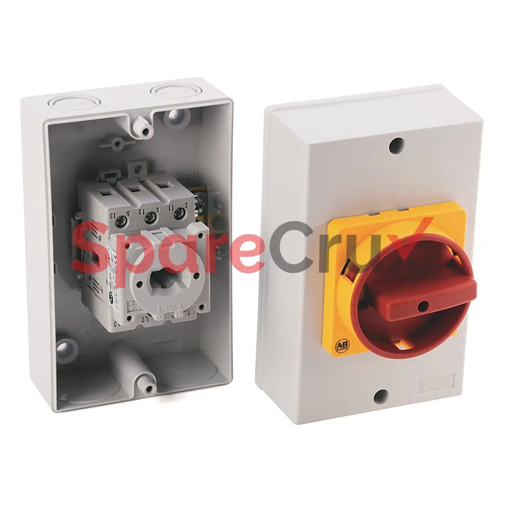 194E-Y25M-1753-6G | ALLEN BRADLEY | 25A Load Switch, Enclosed - Base/DIN Rail, OFF-ON 90°, 6 Poles, Metal Enclosure, Supplied with a Type G Black/Grey Actuator