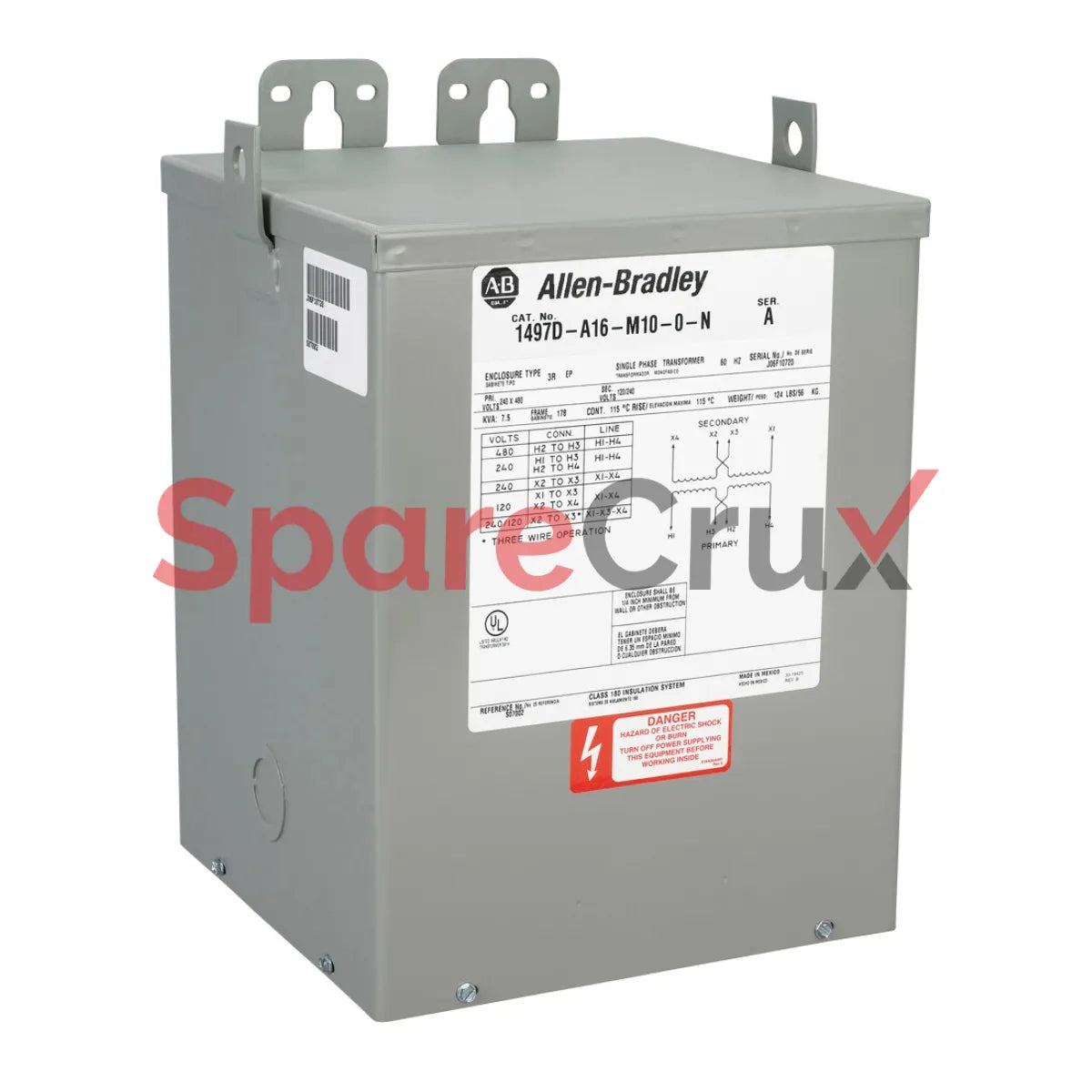 1497D-A16-M10-0-N | ALLEN BRADLEY | General Purpose Transformer, 7.5 kVA, Primary Voltage: 240/480V (60Hz), Secondary Voltage: 120/240V, No Fuse Blocks, No Taps