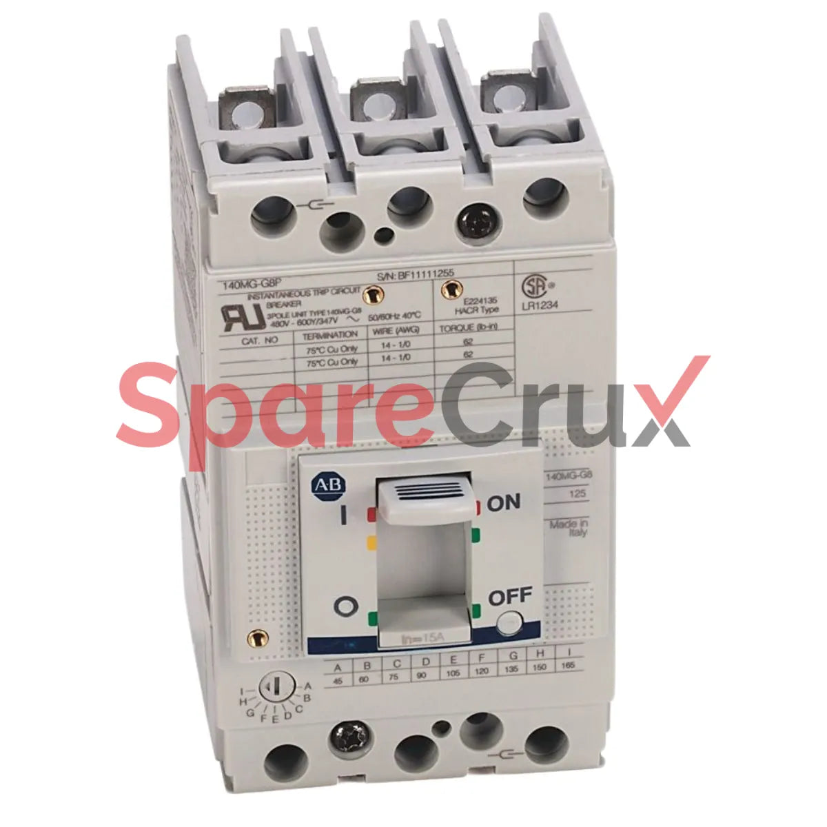 140MG-G8P-C15-AJ | ALLEN BRADLEY | Motor Protection Circuit Breaker, G Frame, 15 A, Magnetic Trip Only, 1 N.O./1 N.C. Auxiliary + Alarm Contact, 24V