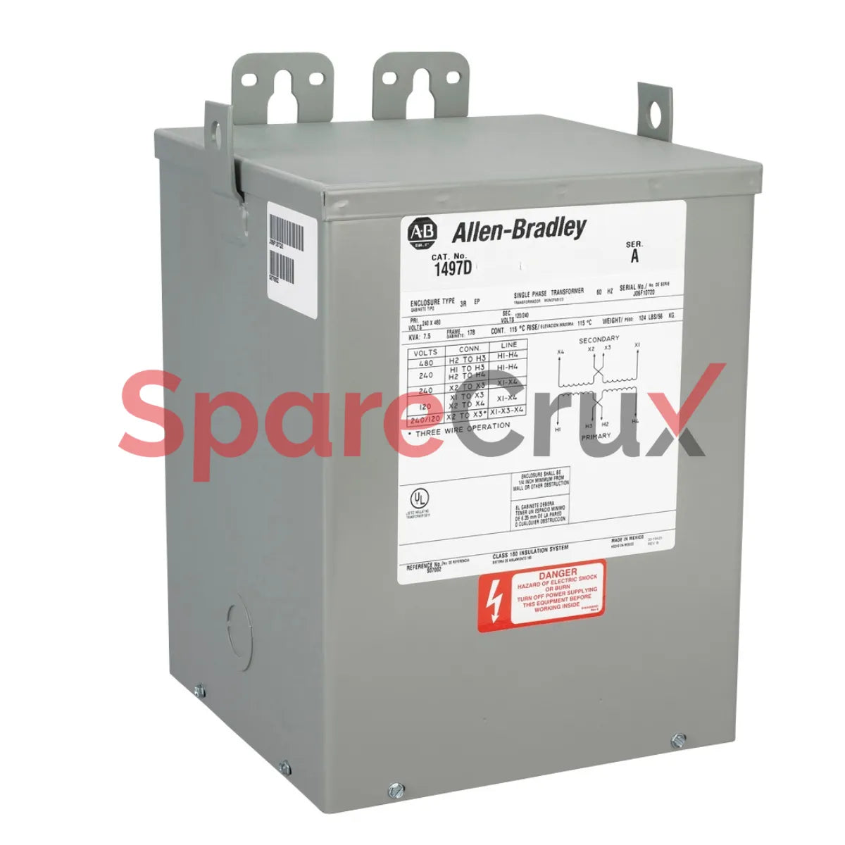 1497D-A16-M21-0-22 | ALLEN BRADLEY | General Purpose Transformer, 7.5 kVA, Primary Voltage: 480V (60Hz), Secondary Voltage: 120/240V, No Fuse Blocks, (2) 5% FCAN and (2) 5% FCBN Taps