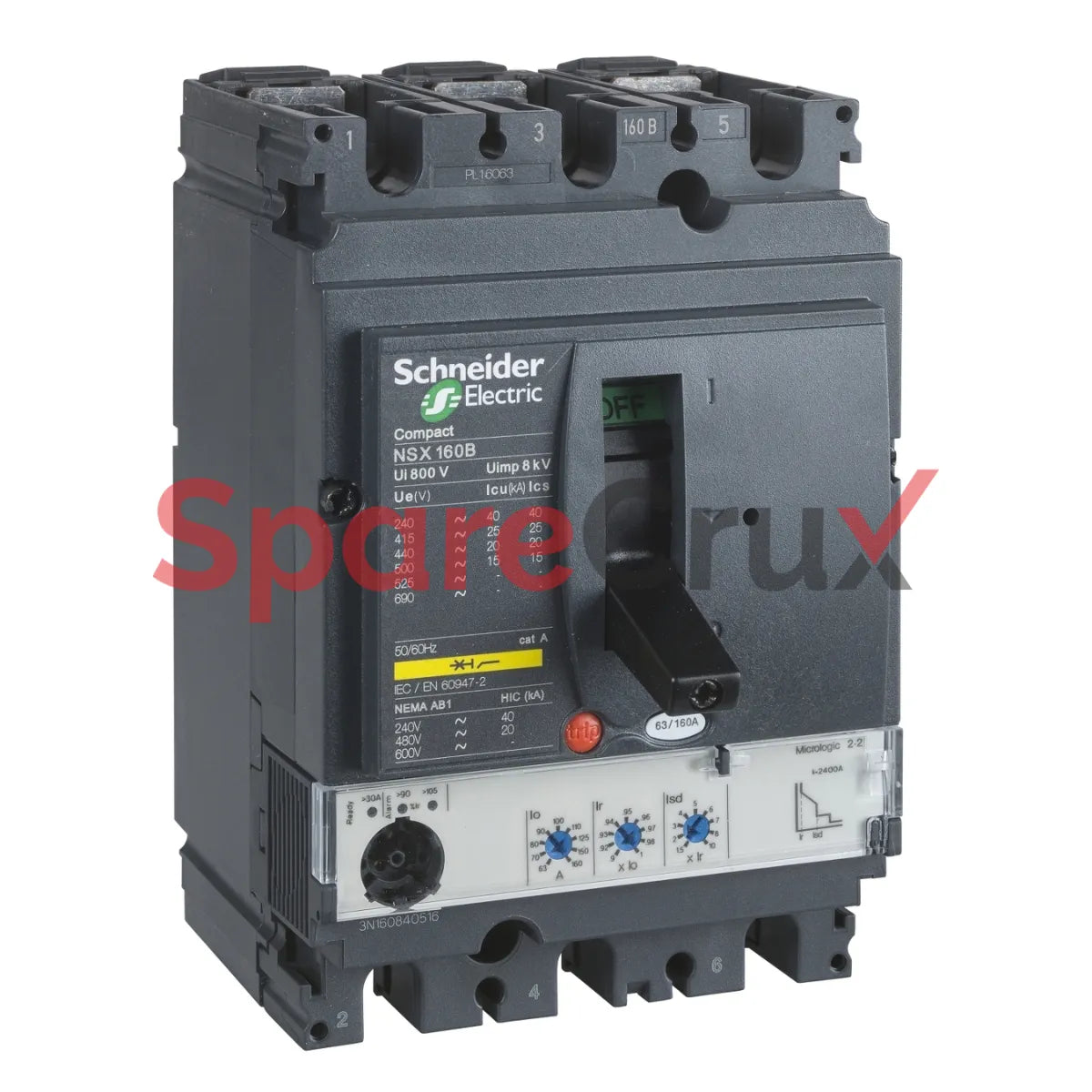 LV430775 | SCHNEIDER ELECTRIC| circuit breaker Compact NSX160N, 50 kA at 415 VAC, Micrologic 2.2 trip unit 160 A, 3 poles 3d