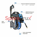 TTPWRHB1450-2600 | ZEPHYR | BluShield HumpBack 2600PSI All-in-One Pressure Washer System, Auto-Retractable Hose Reel, Industrial Pump, Accessories